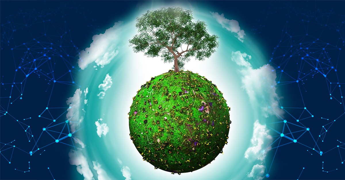 Kuvassa maapallo, josta kasvaa puu. Maapallon ympärillä neuroverkkoja muodostamassa avaruudellista tunnelmaa.