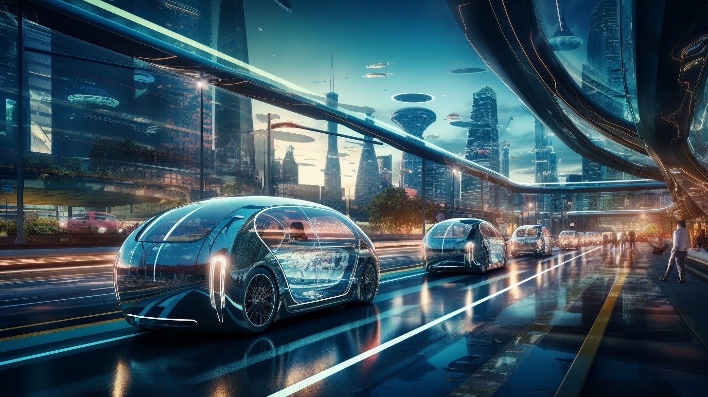 AIn generoima visualisointi tulevaisuuden kaupunkiliikenteestä, jossa läpinäkyviä autoja jonossa, taustalla pilvenpiirtäjien ja taivaalla ufojen siluetteja.