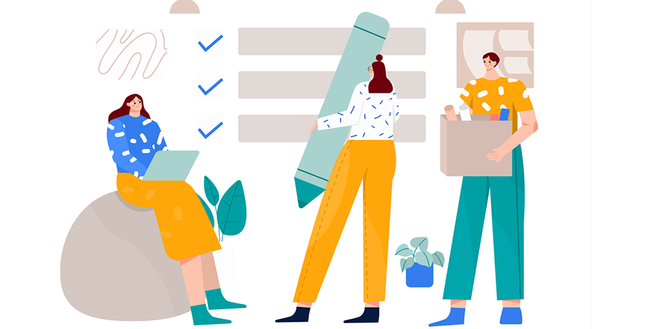 Piirros, jossa kolme ihmishahmoa, vasemmanpuoleinen istuu kiven päällä läppäri sylissä, keskimmäinen seisoo jättikynä kädessä kasvot kohti taustaa, oikeanpuoleinen seisoo pidellen laatikontapaista käsissään.