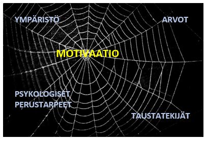 Taustalla hämähäkinseitti. Keskellä sana motivaatio. Reunoilla sanat: arvot, taustatekijät, psykologiset perustarpeet ja ympäristö.