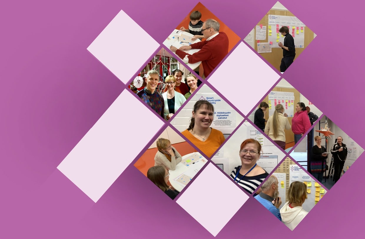 Kuvakollaasissa ihmisiä työpajassa pohtimassa Karkkilan liikkumispalveluita.
